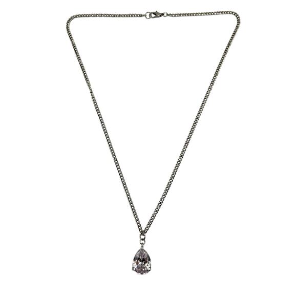 Cubic Zirconia Teardrop Solitaire Prong Set Silver Tone Elegant 18" Necklace - Picture 3 of 8